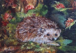 L Cahill Forest Hedgehog Original Acrylic Painting Garden Leaves Flowers Tree - £39.95 GBP