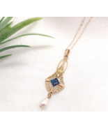 10k Yellow Gold Lavaliere with Pearl Drop and Blue Glass Accent w/Chain ... - €320,20 EUR