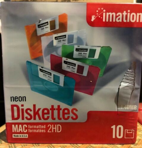 Imation NEON Color MAC PC 3-1/2" Diskettes Hard Case 10 Pk 1.40MB 2HD Floppy USA - $16.97