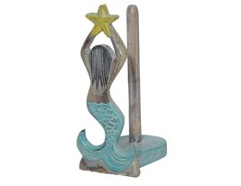 Hand Carved Mermaid Star Fish Paper Towel Holder Wood Carving Nautical Statue Ki - $29.64