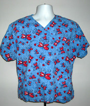 Womens Red Butterflies Hearts Scrub Shirt Medium Blue Pockets Cotton - £17.17 GBP