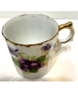Vintage Hand Painted Mini 1.75&quot; Tea Cup Purple Floral Gold Trim Signed EWN - £12.23 GBP