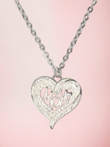 Rhinestone Heart Mom Pendant Charm Necklace Silver Tone 18&quot; Signed LA - £3.91 GBP