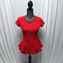 IZ Byer Peplum Top Womens Small Red Stretchy Short Sleeve Blouse - £11.71 GBP