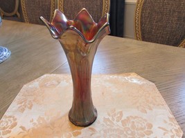 Antique Fenton Carnival Glass Amethyst Marigold Diamond Ribbed Vase 10&quot; - £30.34 GBP