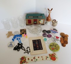 Vtg junk drawer lot- tokens, buttons, figurines, crystal prisms, rosary,... - $29.99