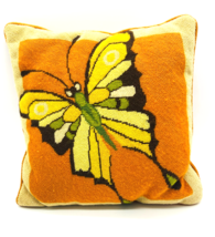 Pillow Orange Cushion Butterfly Antique 13&quot; Handmade Needlepoint Decor Vtg - £21.64 GBP