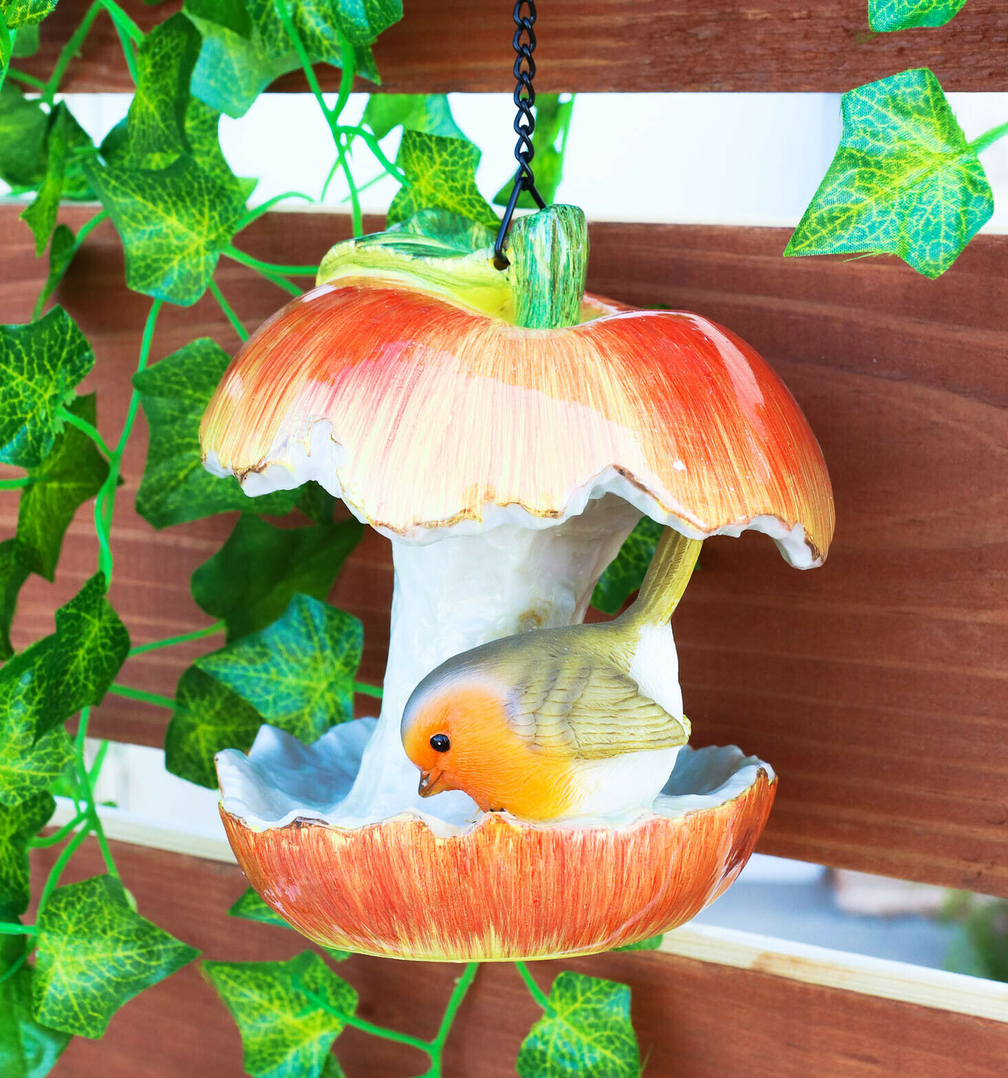 Ebros Red Apple Fruit With Perching Finch Bird Feeder W/ Hanging Chains Figurine