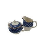 Staffordshire Royal Swan Creamer &amp; Sugar Bowl Blue Pottery 22kt Gold Dec... - $44.50