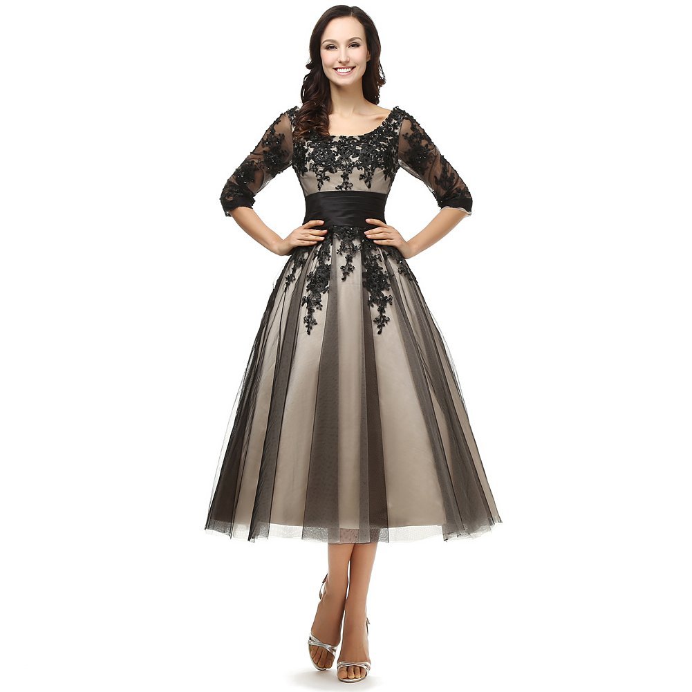 Primary image for Kivary? Women's Tulle Champagne and Black A Line Tea Length Sheer Long Sleeves P