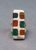Quintin V Mexican Taxco Modernist 925 Sterling Silver Inlaid Gemstone Ring Sz 10 - £159.28 GBP