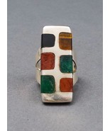 Quintin V Mexican Taxco Modernist 925 Sterling Silver Inlaid Gemstone Ri... - £157.31 GBP