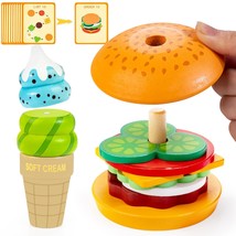 Wooden Montessori Toys For 1 2 3 Years Old Kids, Realistic Burger &amp; Ice Cream To - £23.44 GBP