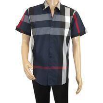 Men's Sports Shirt Clavi By Moderno Checker Plaid Short Sleeves CJSS-203 Navy image 2