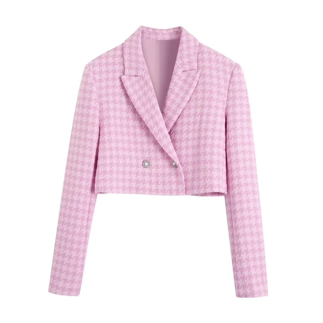 XITIMEAO Women  Tweed Houndstooth Cropped Blazer Coat Vintage Long Sleeve With B - £110.44 GBP