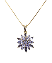 Marquise &amp; Round Tanzanite Cluster Pendant w/ Box Chain 14K Gold Necklace - £340.28 GBP