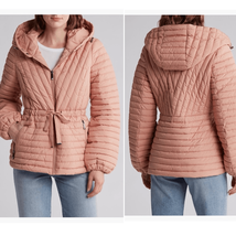 BCBGeneration Diagonal Seam Puffer Hooded Jacket Coral Pink Size Medium ... - $1,849.72 MXN