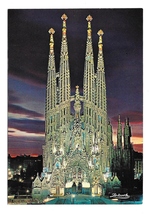 Barcelona Spain Church Expiatory Temple of the Holy Family Night 4X6 Postcard - $6.69