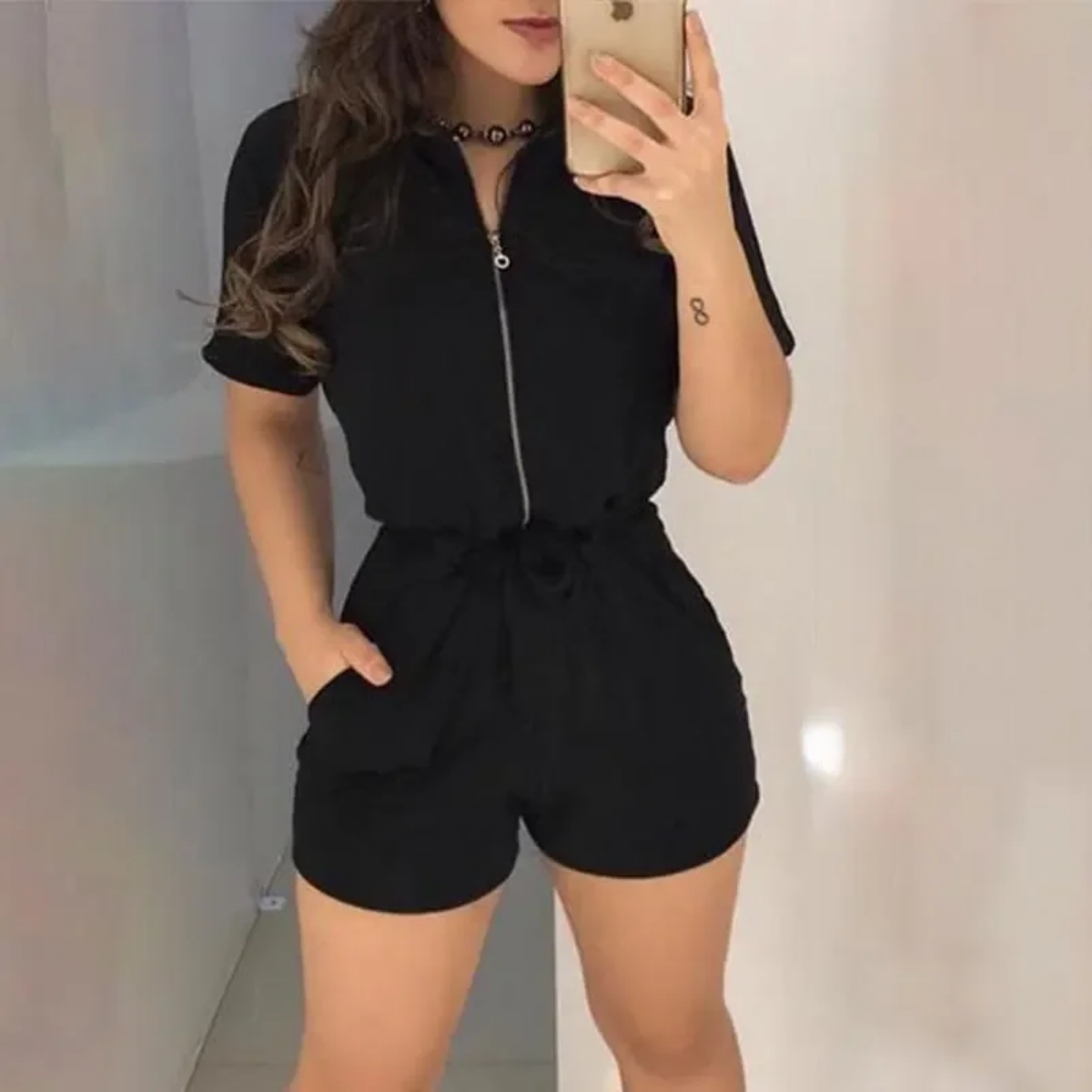 Summer Black Cool V Neck Short Sleeve Workwear Zipper Design Romper with... - $36.95