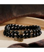 BLACK AGATE STONE BEAD BRACELET 8mm Om Aum Buddha Bead Wrap Men Women Yo... - $13.63 CAD