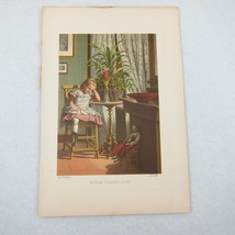 Antique Color Lithograph Print Girl Pink Dress Chair Doll Plants 1800s Art RARE - $29.99