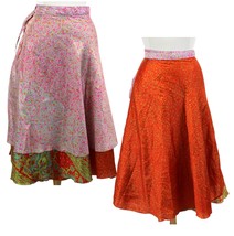 Double Layer Wrap Skirt Sari Multicolor Reversible Orange Pink Floral Bohemian - £15.48 GBP