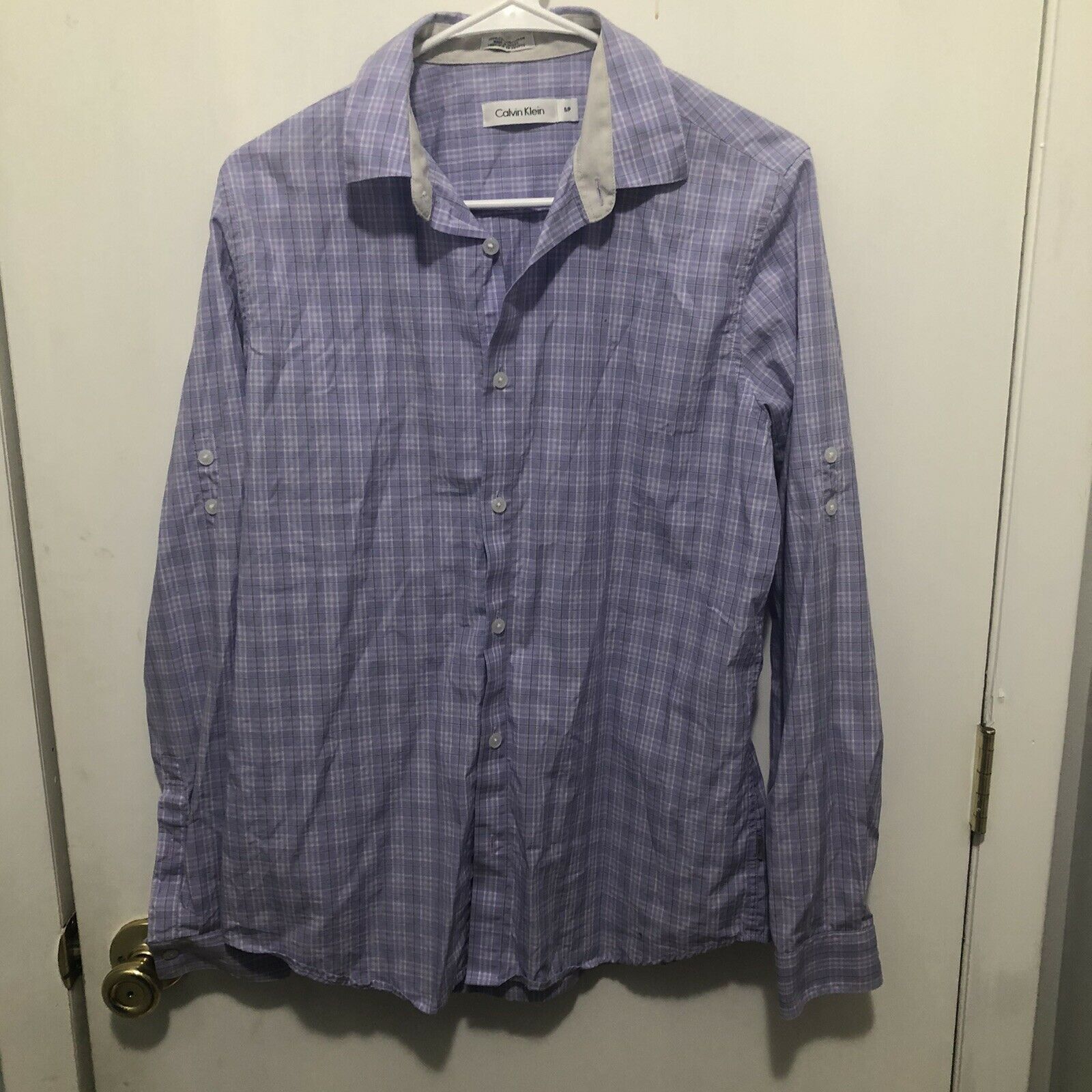 Calvin Klein Men&#39;s Shirt Long Sleeve Cotton Plaid Roll Tab Sleeve SZ Small - $6.92