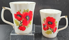 (2) Peppertree Tabletops Poppy Mugs Set Red Floral White Porcelain Gold ... - $36.50