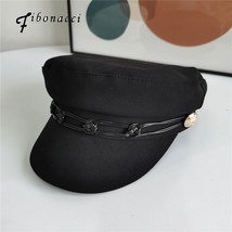 Black Hats For Women Spring Cotton  Hat British Retro Flat Top Navy Cap Casual L - $190.00