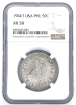 1904-S USA-PHIL Philippines Silver 50 Centavos NGC AU58 Certified Coin - $249.21