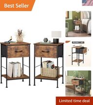 Nightstand Set of 2, End Table with Fabric Storage Drawer and Open Wood ... - $74.62