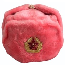 Authentic Russian Ushanka Pink Hat w/ Soviet Army Badge Emblem - $28.54