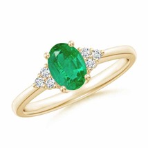 ANGARA Solitaire Oval Emerald Ring with Trio Diamond Accents in 14K Gold - £967.80 GBP