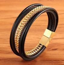 Luxury Punk Stainless Steel Chain Combination Leather Bracelet Multi-layer Acces - £10.91 GBP
