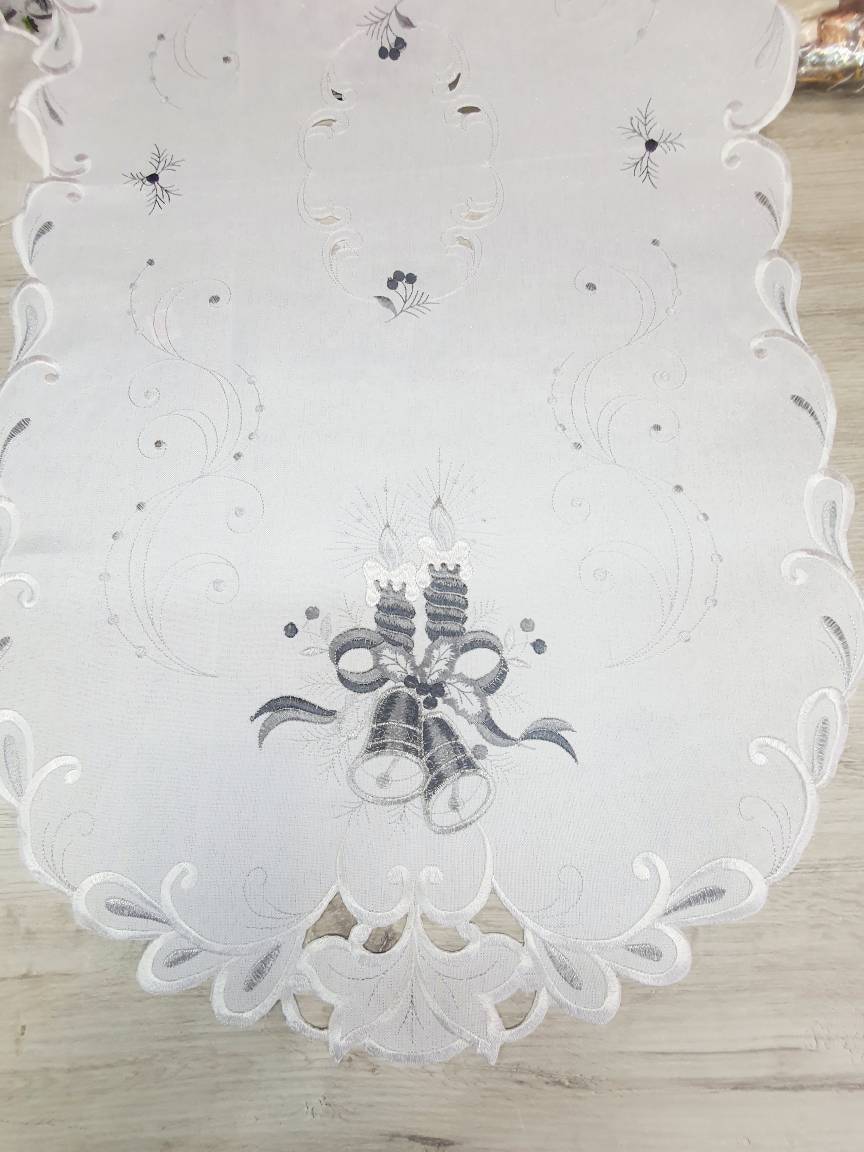 White Christmas Table Runner, Silver Metallic Embroidered 24x48