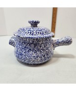 USA Pottery Blue Spongeware Splatterware Bean Pot with handle and Lid Sp... - £30.26 GBP