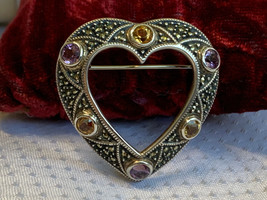 Sterling Silver Heart Brooch 10.13g Fine Jewelry Multicolor Stones Marcasite Pin - £31.61 GBP