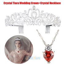 Bridal Tiara Rhinestones Crystal Headband Princess Crown+Red Crystal Necklace - £27.17 GBP