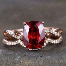 3.20 Ct Cushion Cut Red Garnet &amp; Diamond Bridal Set Ring In 14K Rose Gold Finish - £97.15 GBP