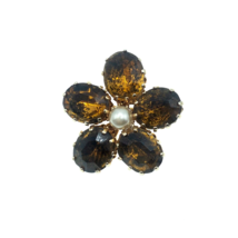 Goldtone Flower Pin Amber Brown Oval Gems Surrounding Small Faux Pearl 1... - £3.98 GBP