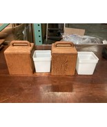 2 Wooden Storage Canisters With Plastic Holders &amp; Lids - $14.84
