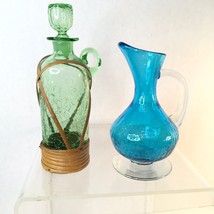 2 Vtg Art Glass Crackle Glass Pitcher Decanters Green And Blue  Mid Century - £27.20 GBP