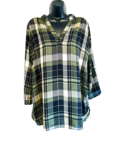 Wishful Park Womens Large Top Green Plaid Lace Back V Neck 3/4 Roll Tab Sleeve - £14.85 GBP