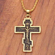 Mens Gold Russian Orthodox Crucifix Cross Pendant Religious Necklace Chain 24&quot; - £10.31 GBP