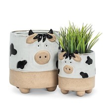 Cow Planter Pots Set of 2 with Legs Farmhouse Stoneware 5" and 3" high Cream Tan image 2