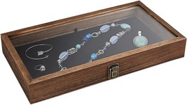 Mooca Wooden Jewelry Display Case With Tempered Glass Top Lid, Brown Color - $39.99