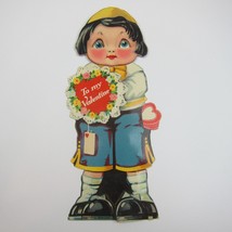 Vintage Valentine Card Mechanical Boy Blue Google Eyes Move Holds Flower Bouquet - £19.68 GBP