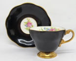 Vintage EB FOLEY 1850 Teacup &amp; Saucer Black Gold Floral Pattern Roses, etc. - $29.99