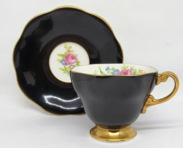 Vintage EB FOLEY 1850 Teacup &amp; Saucer Black Gold Floral Pattern Roses, etc. - £23.58 GBP