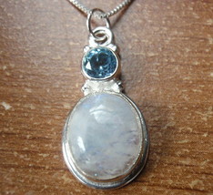 Moonstone and Blue Topaz 925 Sterling Silver Necklace Round and Oval - £11.57 GBP